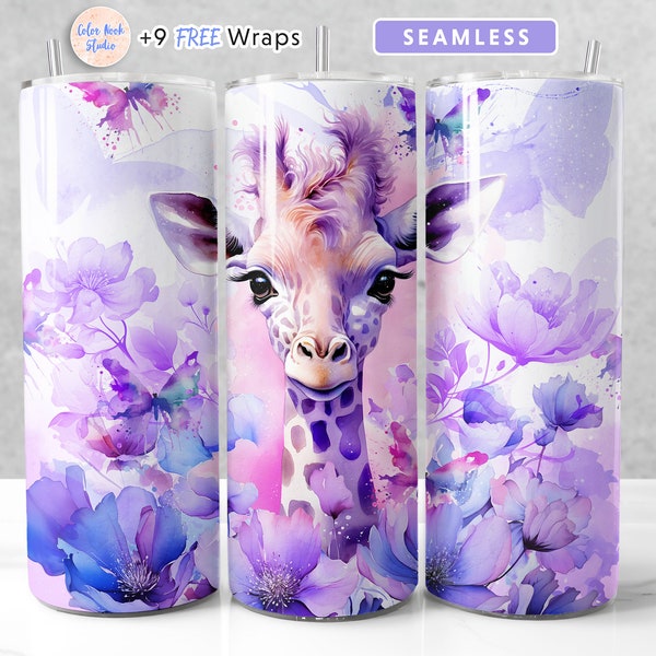 Giraffe 20 oz Tumbler Wrap PNG Purple Watercolor Seamless Sublimation Design Instant Digital Download
