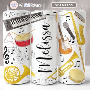 Design avvolgente per bicchiere musicale Aggiungi il tuo nome/testo Musicista Sublimazione senza soluzione di continuità Tumbler magro da 20 oz PNG Download digitale istantaneo