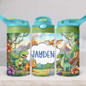 May include: Three water bottles with a dinosaur theme. The bottles have a blue lid and green accents. The design features cartoon dinosaurs, volcanoes, and the name "JAYDEN" in blue letters on a white cloud.
