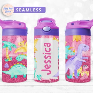 Dinosaur Kids 12 oz Flip Top Tumbler Wrap Pink PNG Personalized Design Water Bottle Sublimation Add Your Own Name Instant Digital Download