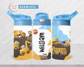 Kids Construction 12 oz Flip Top Tumbler Wrap Children Water Bottle Sublimation Design PNG Seamless Add Your Name Digital Download