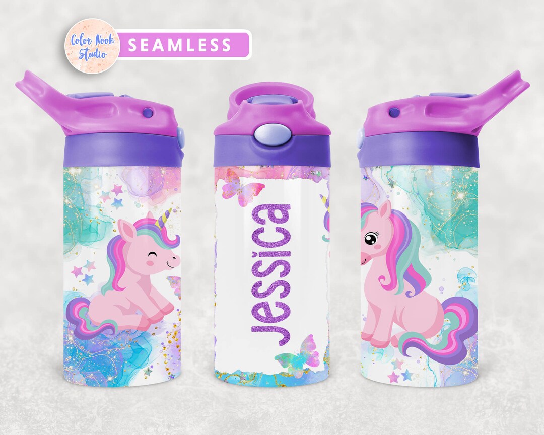 Unicorn Kids 12 Oz Flip Top Tumbler Wrap PNG Personalized Design Water ...