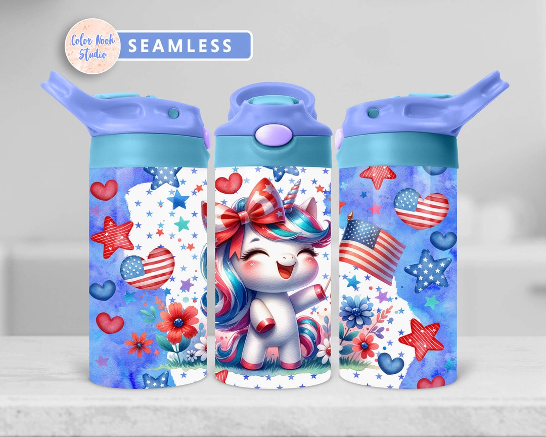 Kids 12 Oz Flip Top Tumbler Wrap Cute Patriotic Unicorn Watercolor Kids ...