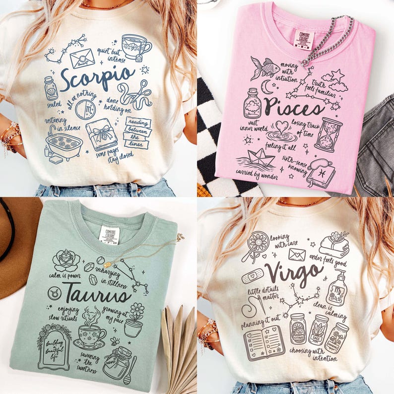 May include: Four t-shirts with zodiac-themed designs. The shirts are cream, pink, sage green, and off-white. Each shirt features a different zodiac sign: Scorpio, Pisces, Taurus, and Virgo, along with related illustrations and text.