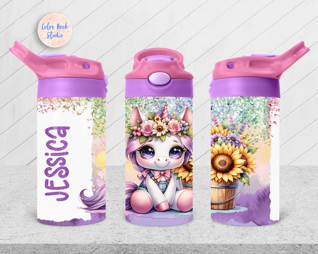 Unicorn Kids 12 Oz Flip Top Tumbler Wrap Personalized Kids Water Bottle ...