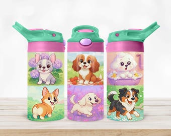 May include: Three colorful water bottles with illustrations of cartoon dogs. Each bottle has a pink body, a green lid, and a green drinking spout. The dog illustrations include a bulldog, a Cavalier King Charles Spaniel, a white poodle, a corgi, a golden retriever, and an Australian Shepherd.
