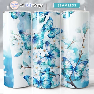 Farfalla 20 oz Tumbler Wrap PNG Blu Seamless Sublimazione Design Download digitale istantaneo