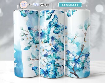 Butterfly 20 oz Tumbler Wrap PNG Blue Seamless Sublimation Design Instant Digital Download