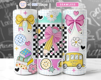 Teacher Tumbler Wrap Coquette School Stickers PNG Seamless Sublimation 20 oz Skinny Tumbler Design Instant Digital Download