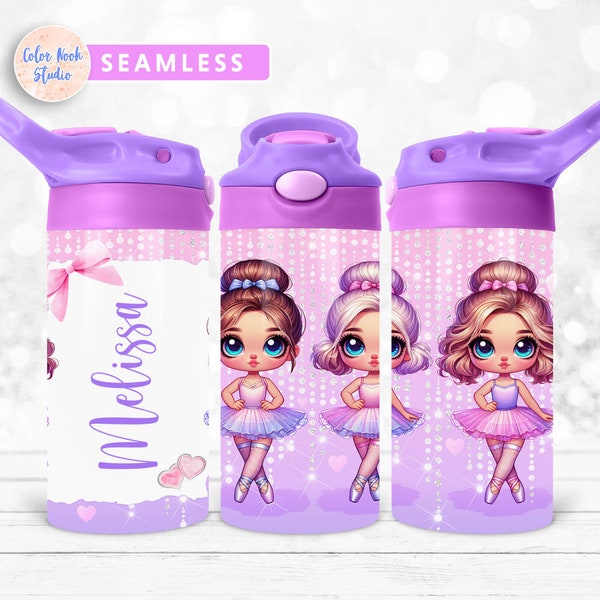 Ballerinas Kids 12 oz Flip Top Tumbler Wrap Cute Kids Water Bottle Sublimation Design PNG Seamless Add Your Name Digital Download