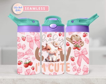 Coquette Kids 12 oz Flip Top Tumbler Wrap Holy Cow I'm Cute PNG Pink Bow Design Water Bottle Seamless Sublimation Instant Digital Download