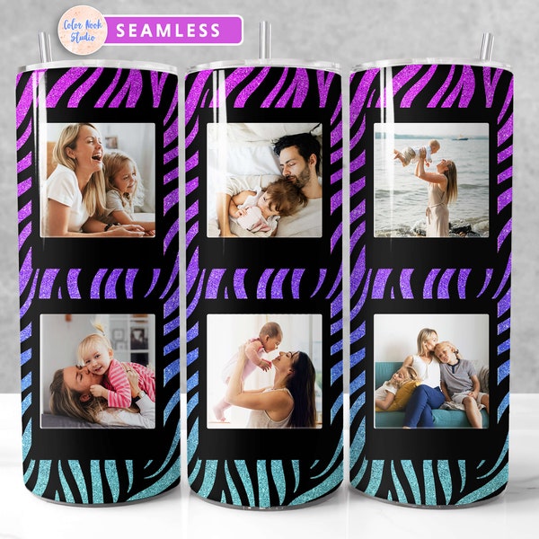 Photo Tumbler Wrap 20 oz PNG Add Your Own 6 Pictures Neon Glitter Zebra Print Seamless Sublimation Design Instant Digital Download