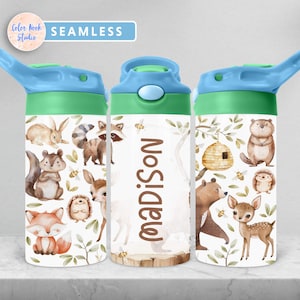 Animali del bosco Bambini 12 oz Flip Top Tumbler Wrap PNG Design personalizzato Bottiglia d'acqua Sublimazione Aggiungi il tuo nome Download digitale