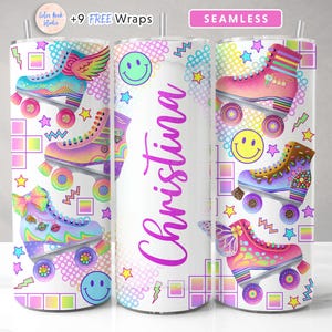Pattini a rotelle Tumbler Wrap Retro anni '90 PNG Aggiungi il tuo nome 20 oz Skinny Tumbler Design Senza soluzione di continuità Sublimazione Download digitale istantaneo