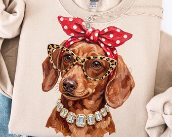 Glamoureuze Teckel PNG, Retro Teckel met Luipaardprint Bril, Schattig Bling Teckel PNG-bestand