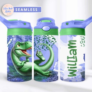 Dinosaur Kids 12 oz Flip Top Tumbler Wrap PNG Diseño personalizado Sublimación de botella de agua Agregue su propio nombre Descarga digital instantánea