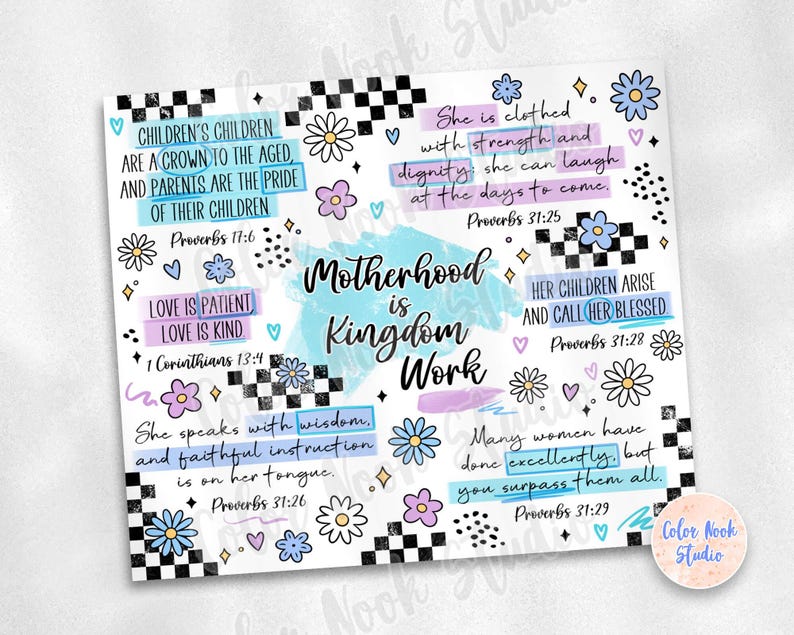 K&ouml;nnte beinhalten: Ein wei&szlig;er Druck mit dem Schriftzug "Motherhood is Kingdom Work" in Schreibschrift, umgeben von floralen und geometrischen Mustern. Der Druck enth&auml;lt Bibelverse und inspirierende Zitate in verschiedenen Farben.