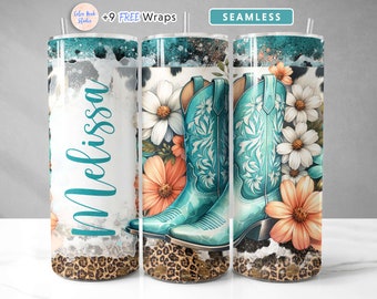 Botas vaqueras Tumbler Wrap Western Teal PNG Añadir su propio nombre/texto personalizado 20 oz Skinny Tumbler Diseño Descarga digital instantánea
