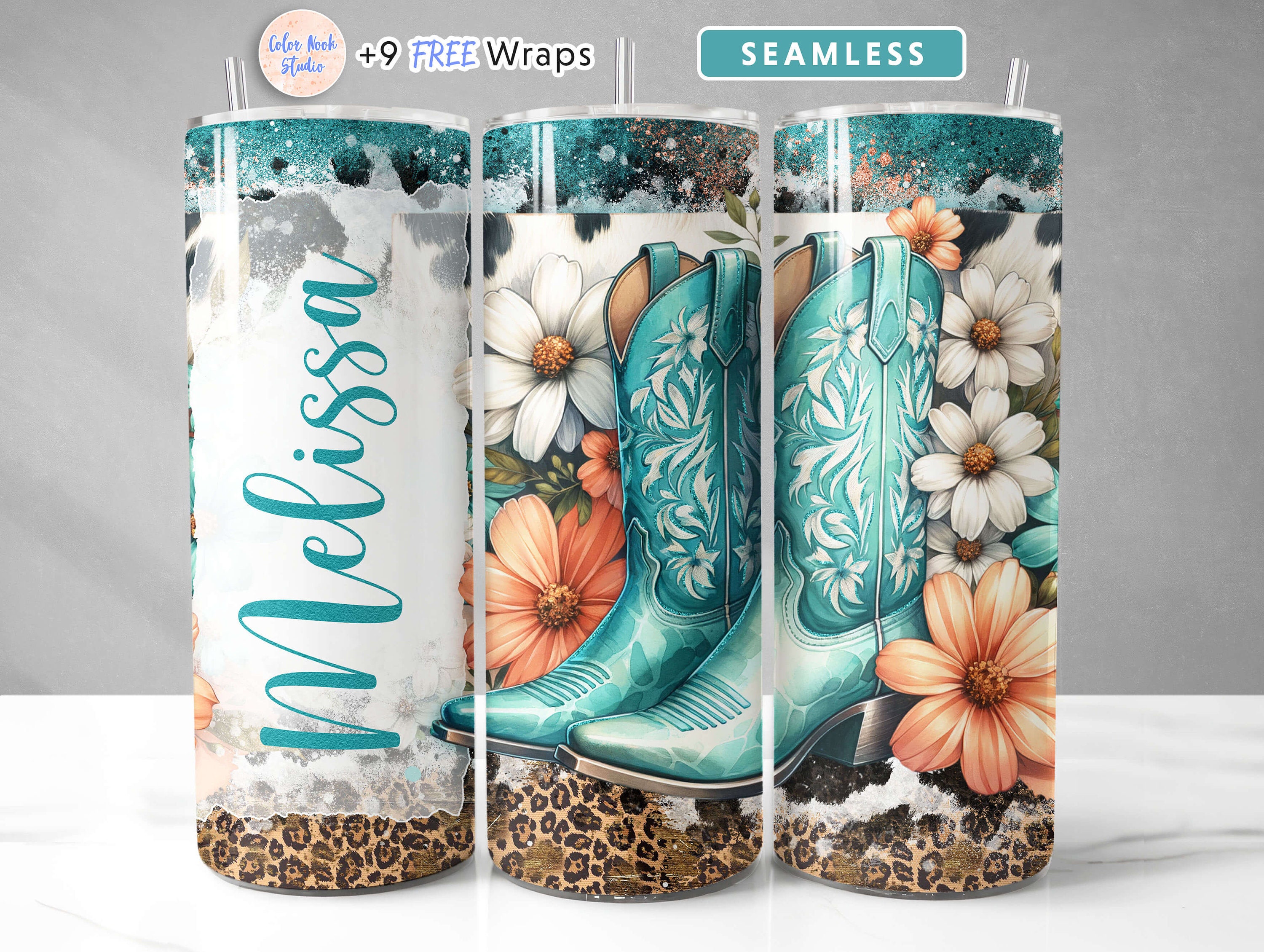Cowgirl Boots Tumbler Wrap Western Teal PNG Add Your Own Name/text ...