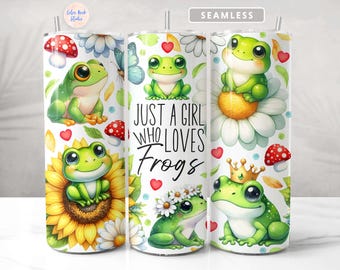 May include: A white tumbler with a colorful design featuring frogs, flowers, and the text "Just a girl who loves frogs".