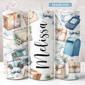 May include: A white tumbler with a seamless design featuring a vintage mail theme. The design includes a delivery truck, mailboxes, envelopes, stamps, and ribbons. The word "Melissa" is written in a large, bold font on the tumbler.