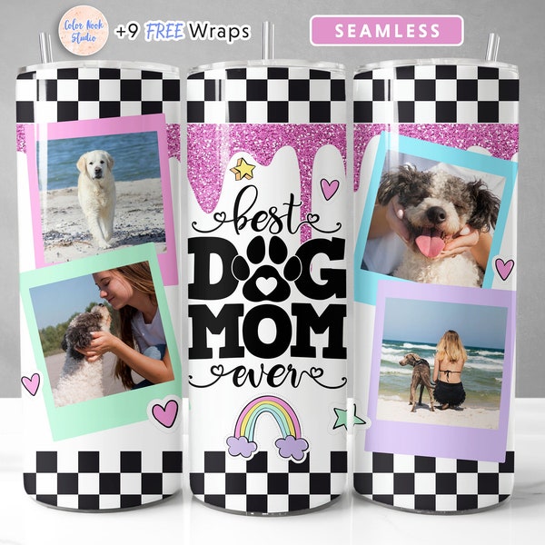 Dog Mom Photo Tumbler Wrap Retro PNG Add Your Own 4 Pictures Seamless Sublimation 20 oz Tumbler Design Instant Digital Download