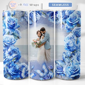 Photo Tumbler Wrap Blue Roses PNG Add Your One Picture Seamless Sublimation 20 oz Tumbler Design Instant Digital Download