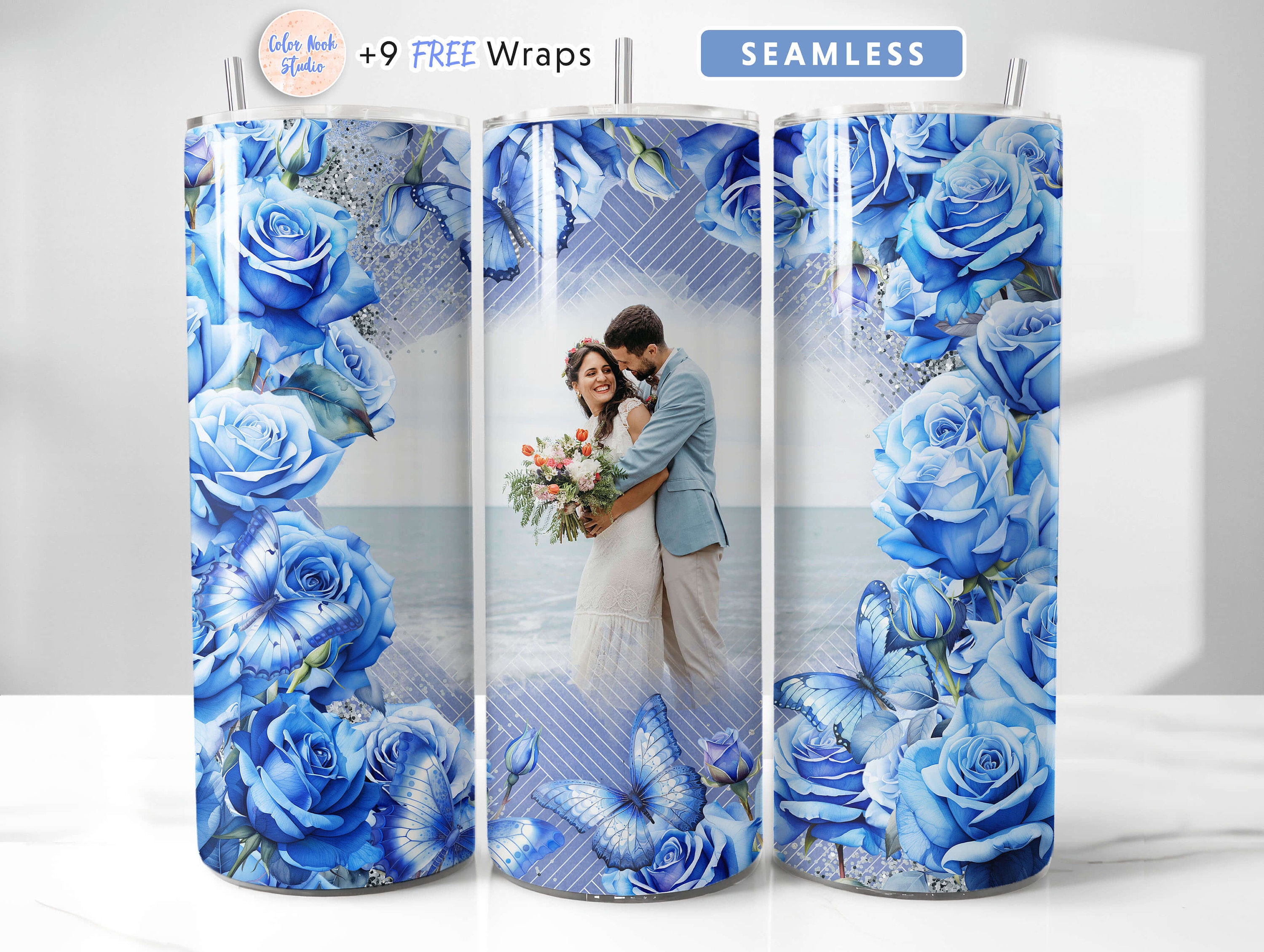 Photo Tumbler Wrap Blue Roses PNG Add Your One Picture Seamless Sublimation 20 oz Tumbler Design Instant Digital Download