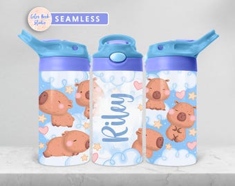 Capybara Kids 12 oz Flip Top Tumbler Wrap Cute Animal Kids Water Bottle Sublimation Design PNG Seamless Add Your Name Digital Download
