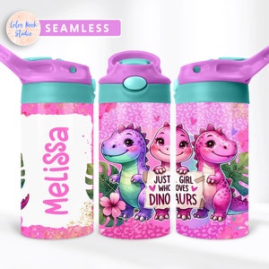 Dinosaur Kids 12 oz Flip Top Tumbler Wrap Solo una ragazza che ama i dinosauri Bottiglia d'acqua Sublimazione Design PNG Aggiungi il tuo nome Download digitale