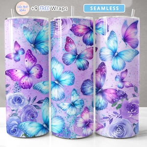 Farfalla Tumbler Wrap Design blu e viola Glitter floreale PNG sublimazione senza giunte 20 oz Skinny Tumbler Download digitale istantaneo