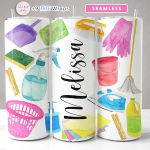 May include: A white tumbler featuring watercolor illustrations of cleaning supplies, including a purple dustpan, green sponge, and pink gloves. The name "Melissa" is written in black script. The tumbler also has a straw.