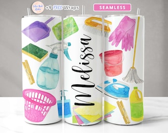 Cleaning Tumbler Wrap Design Housekeeping Add Your Own Name/Text Seamless Sublimation 20 oz Skinny Tumbler PNG Instant Digital Download