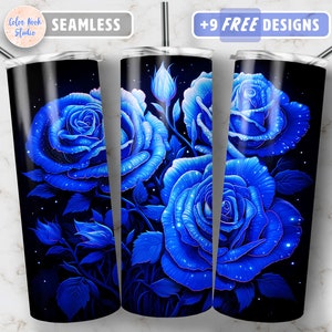 Blue Roses Tumbler Wrap 20 oz & 30 oz Neon Glitters Sublimation Design Straight and Tapered PNG Instant Digital Download Seamless