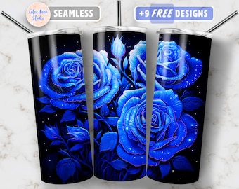 Blue Roses Tumbler Wrap 20 oz & 30 oz Neon Glitters Sublimation Design Straight and Tapered PNG Instant Digital Download Seamless