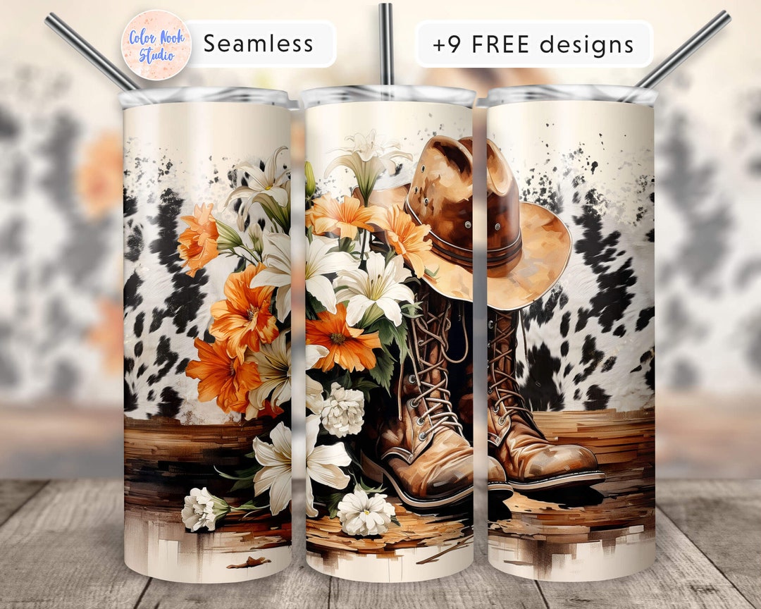 Country Girl 20 Oz Tumbler Wrap Hat & Boots Western Cowgirl Cowhide PNG ...