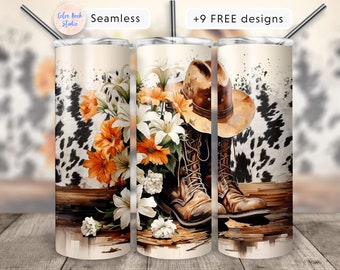 Country Girl 20 oz Tumbler Wrap Hat & Boots Western Cowgirl Cowhide PNG Sublimation Design Instant Digital Download