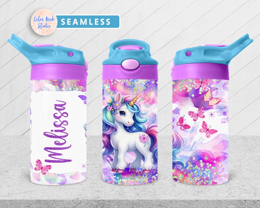Unicorn Kids 12 Oz Flip Top Tumbler Wrap Butterfly Kids Water Bottle ...
