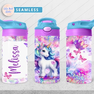 Unicorno Bambini 12 oz Flip Top Tumbler Wrap Farfalla Bambini Bottiglia d'acqua Sublimazione Design PNG Senza soluzione di continuità Aggiungi il tuo nome Download digitale