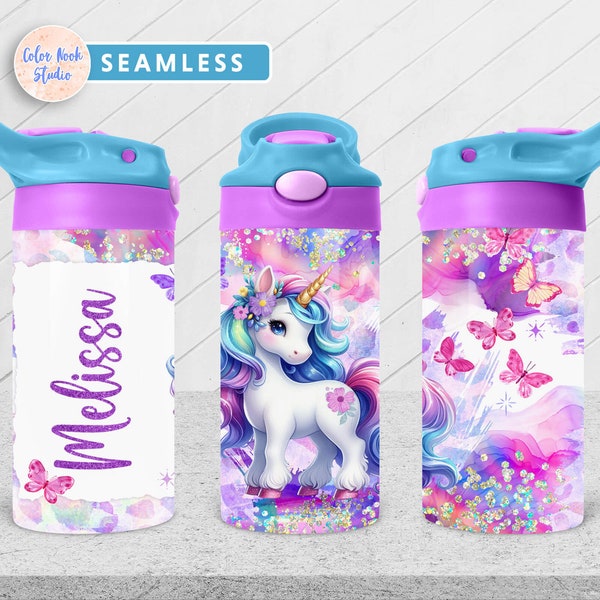 Unicorn Kids 12 oz Flip Top Tumbler Wrap Butterfly Kids Water Bottle Sublimation Design PNG Seamless Add Your Name Digital Download