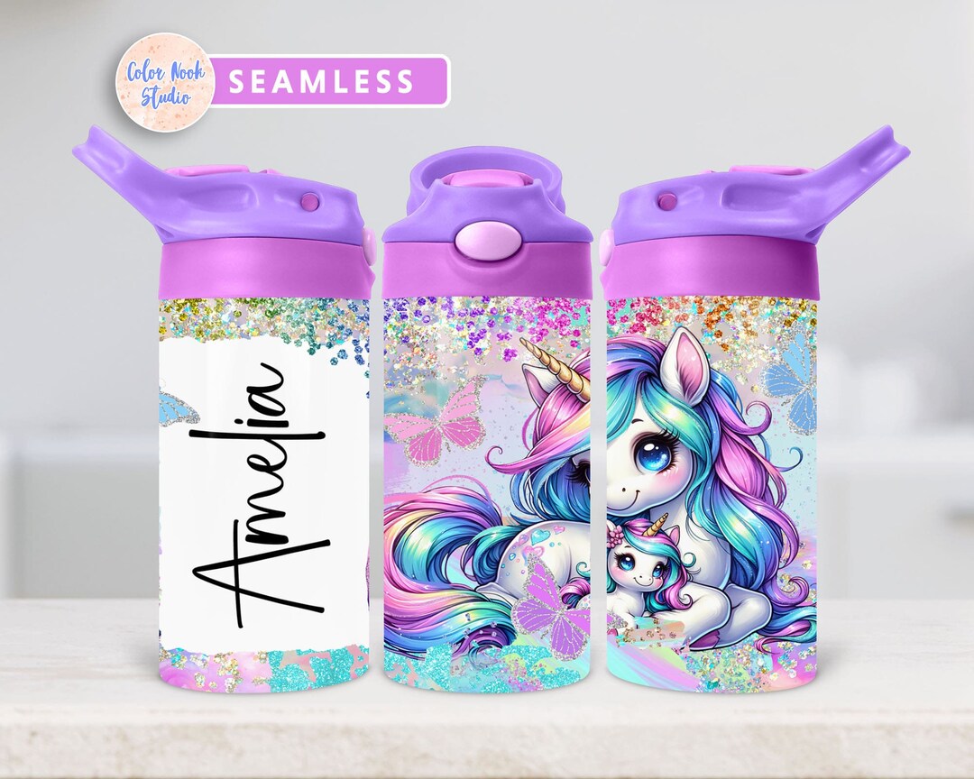 Unicorn Kids 12 Oz Flip Top Tumbler Wrap PNG Mama & Baby Unicorns ...