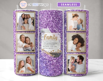 Family Photo Tumbler Wrap PNG Add Your Own 6 Pictures Purple Glitter Seamless Sublimation 20 oz Tumbler Design Instant Digital Download