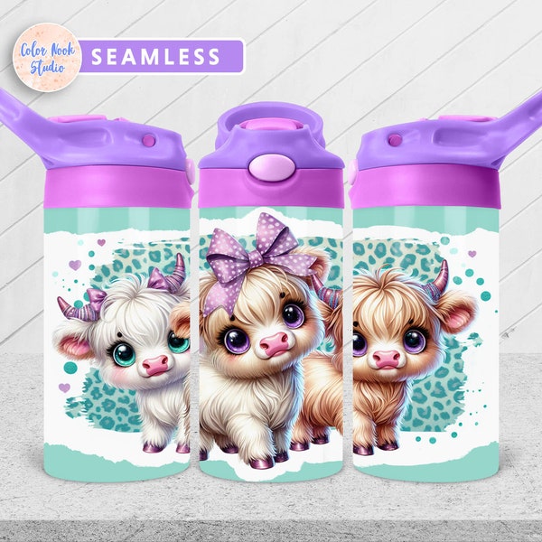Kids 12 oz Flip Top Tumbler Wrap Cute Highland Cows Kids Water Bottle Sublimation Design PNG Seamless Instant Digital Download