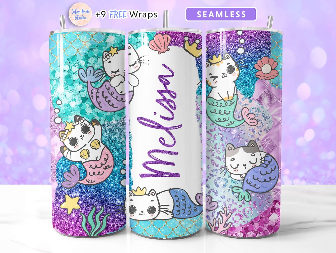 Personalized Tumbler Wrap Mermaid Cat PNG Add Your Own Name Glitter 20 ...