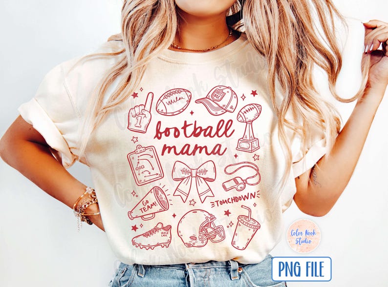 May include: A white t-shirt with a red design featuring football-themed illustrations and the text "football mama".