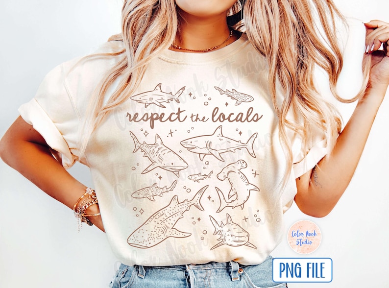 May include: A white t-shirt with a brown outline of various sharks and the text "respect the locals".
