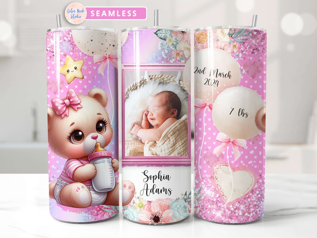 Baby Tumbler Wrap PNG Newborn Baby Pink Teddy Bear Seamless Sublimation ...