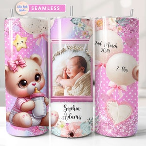 Copo de bebê embrulhado PNG bebê recém-nascido rosa ursinho de pelúcia sublimação perfeita 20 oz design de copo download digital instantâneo