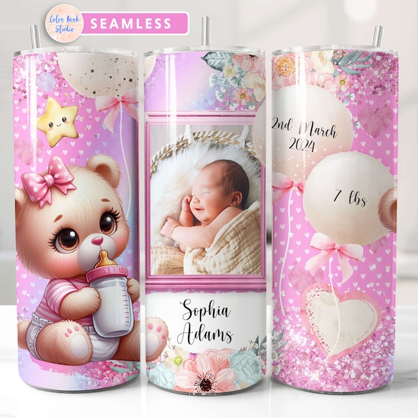 Baby Tumbler Wrap PNG Newborn Baby Pink Teddy Bear Seamless Sublimation 20 oz Tumbler Design Instant Digital Download