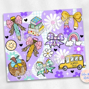 May include: A whimsical illustration featuring school-themed elements on a purple background. The design includes pencils with bows, stacks of books, a school bus, a rainbow, and daisies. The overall theme is back-to-school.